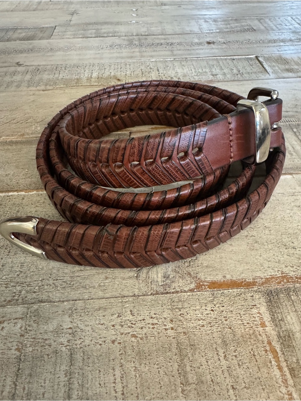 Mens Brown Braided Leather Belt Argentina‎ Croc Embossed Silver Hardware 48-50